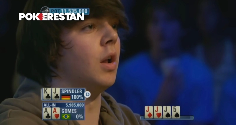 کوادز سرباز مقابل پاکت آس؛ آنالیز دست اسپیندلر و گومز 3 Pokerestan واکنش گومز پس از مشاهده فلاپ جکها در برابر دست قوی اسپیندلر