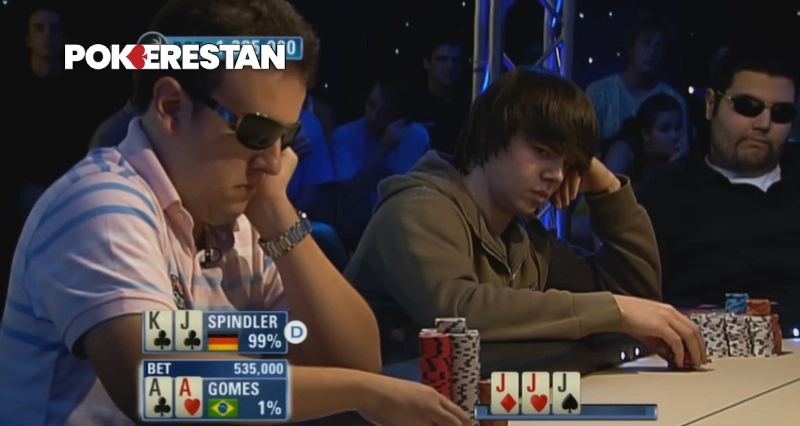 کوادز سرباز مقابل پاکت آس؛ آنالیز دست اسپیندلر و گومز 1 Pokerestan نمایش کارتها و حذف الکساندر گومز پس از برخورد با کاره جکهای اسپیندلر